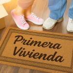 pareja al lado de alfombra con texto de "primera vivienda"