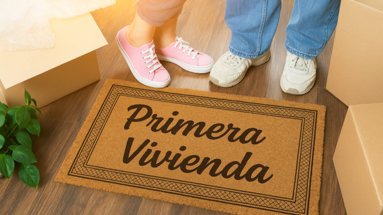 pareja al lado de alfombra con texto de "primera vivienda"