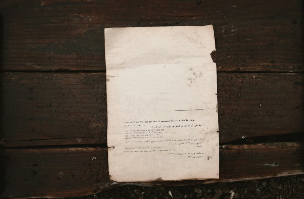 Una hoja de papel antigua, desgastada, manchada y con los bordes rasgados, que contiene texto impreso ilegible, apoyada sobre una superficie rústica de madera oscura.