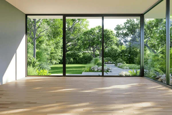 Interior vacío de vivienda moderna con suelo de madera y ventanales al jardín