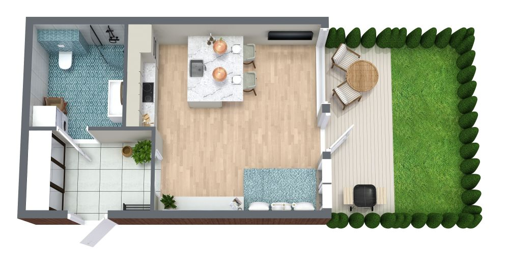 Plano 3D de vivienda con salón, cocina, baño y jardín exterior con terraza