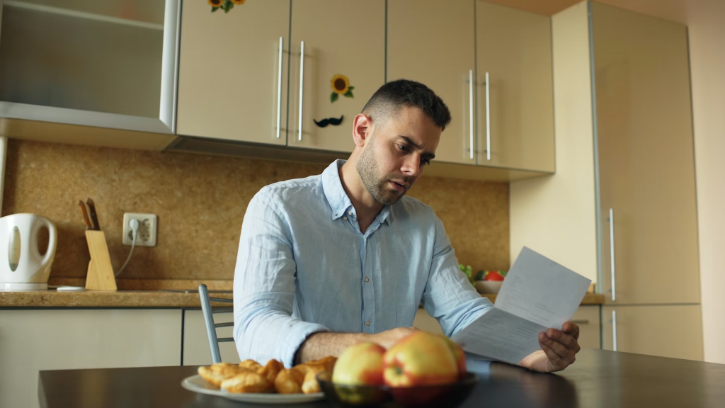 Hombre leyendo documento en cocina de su vivienda con expresión preocupada