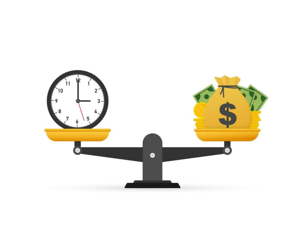 Ilustración 3D de una balanza negra equilibrando un reloj analógico en un extremo y un gran saco amarillo lleno de dinero y billetes en el otro.