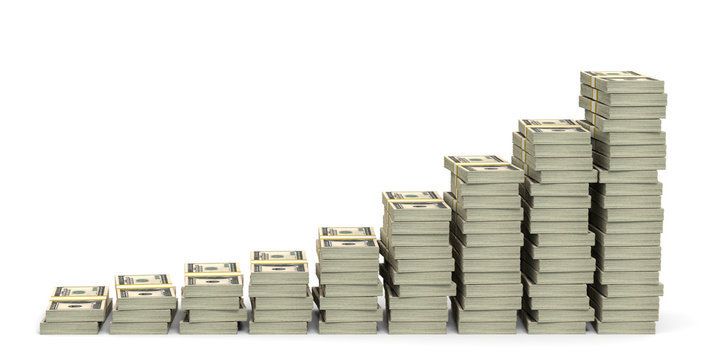 Varias pilas de billetes agrupadas en columnas de orden ascendente sobre un fondo blanco, simulando un gráfico de barras que representa el crecimiento exponencial del ahorro.