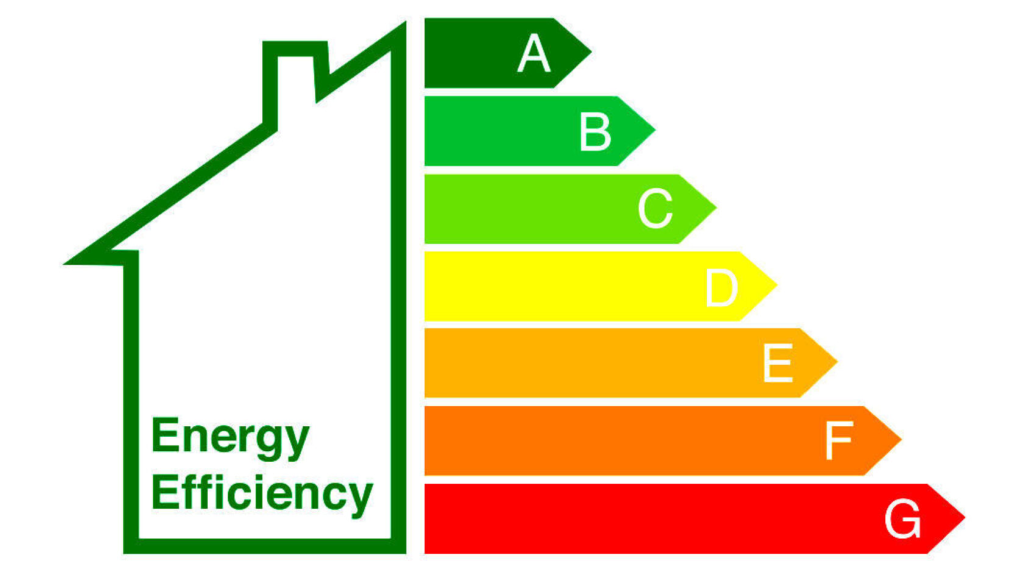 Infografía con escala de eficiencia energética de la A a la G con icono de vivienda en verde