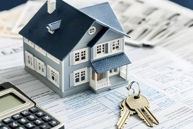 Maqueta de una clásica casa azul de madera situada sobre varios documentos financieros y recibos, acompañada en primer plano por una calculadora negra y un par de llaves metálicas.