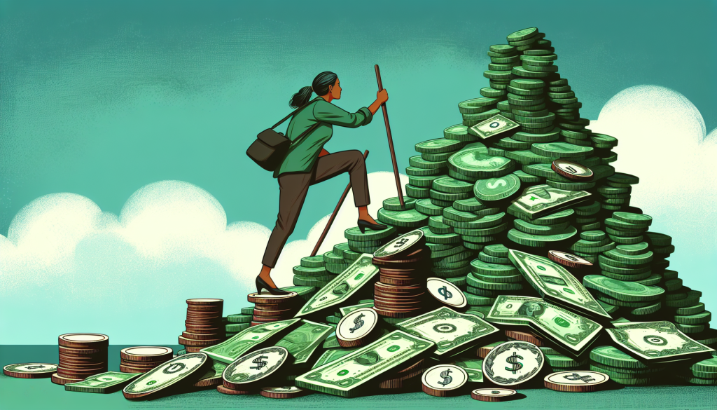 Ilustración de mujer escalando una montaña de billetes y monedas como concepto de esfuerzo financiero para comprar vivienda