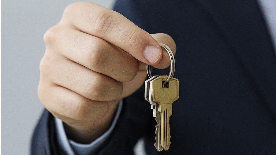 Mano de hombre con traje sosteniendo dos llaves doradas de vivienda sobre fondo gris neutro