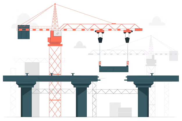  Ilustración de grúas de construcción trabajando en estructura de obra nueva sobre pilares