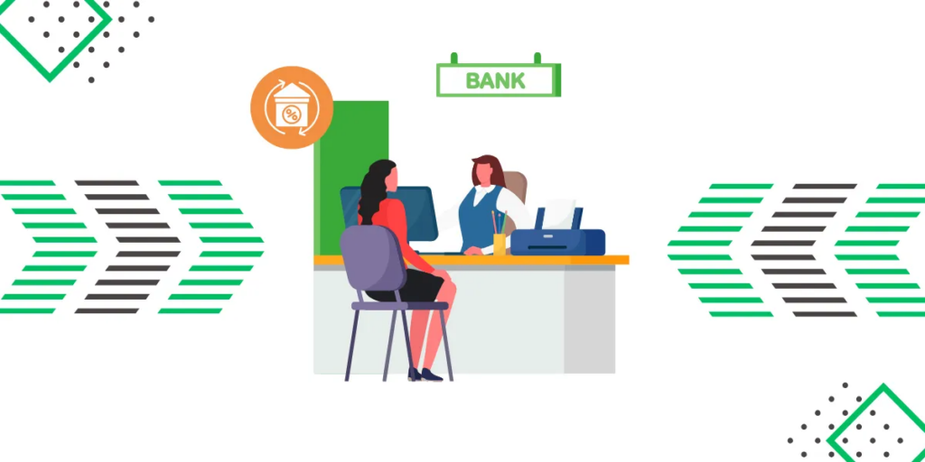 Ilustración de mujer solicitando hipoteca en ventanilla de banco con icono de tipo de interés