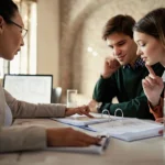 Asesora inmobiliaria mostrando planos de vivienda a pareja joven en reunión de compra